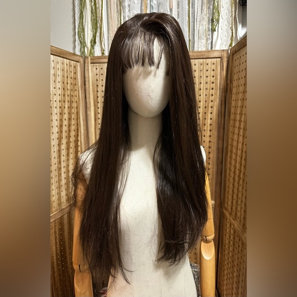 EUC 24” SYNTHETIC HAIR #3 Dark Brown Lace Front Wig with Bangs and long layers - Picture 1 of 8